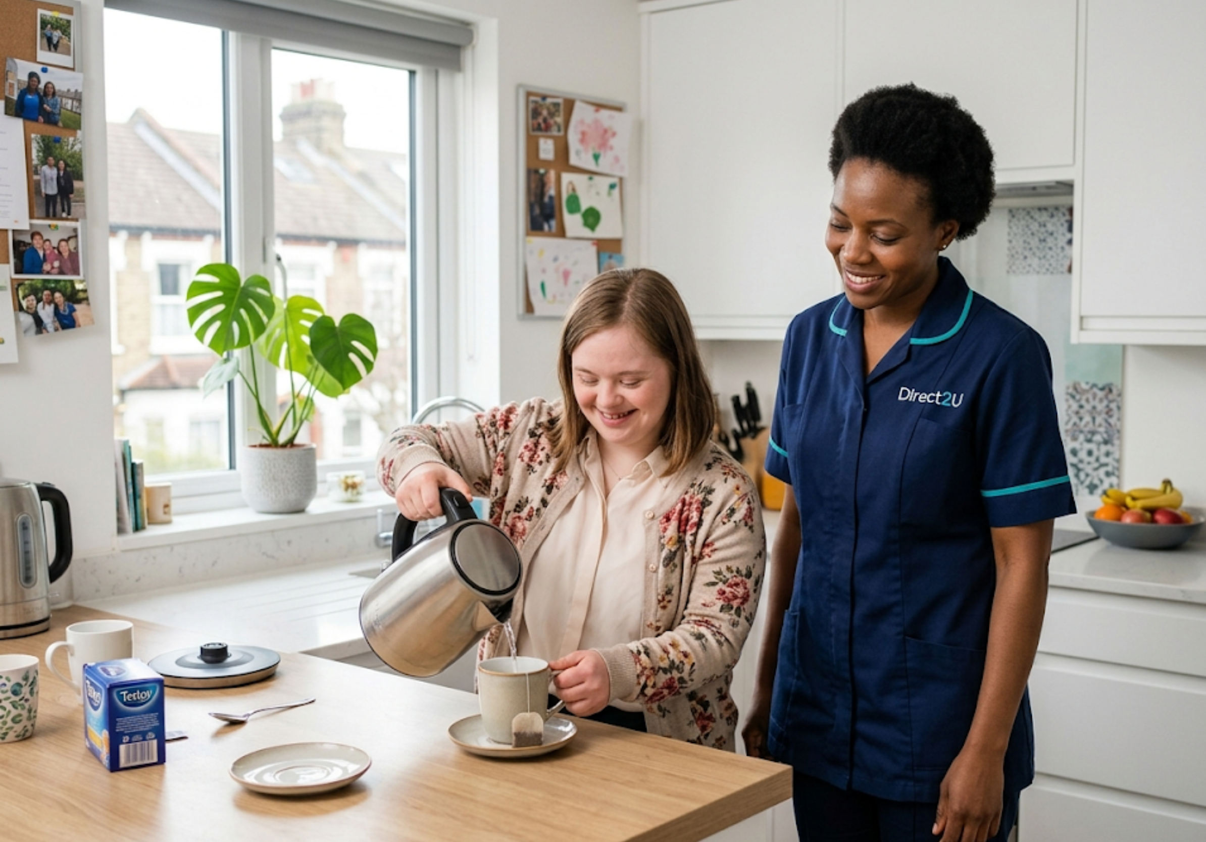 Direct2U supported living worker empowering a young adult woman to make her own tea in her Enfield flat — independent supported living in North London